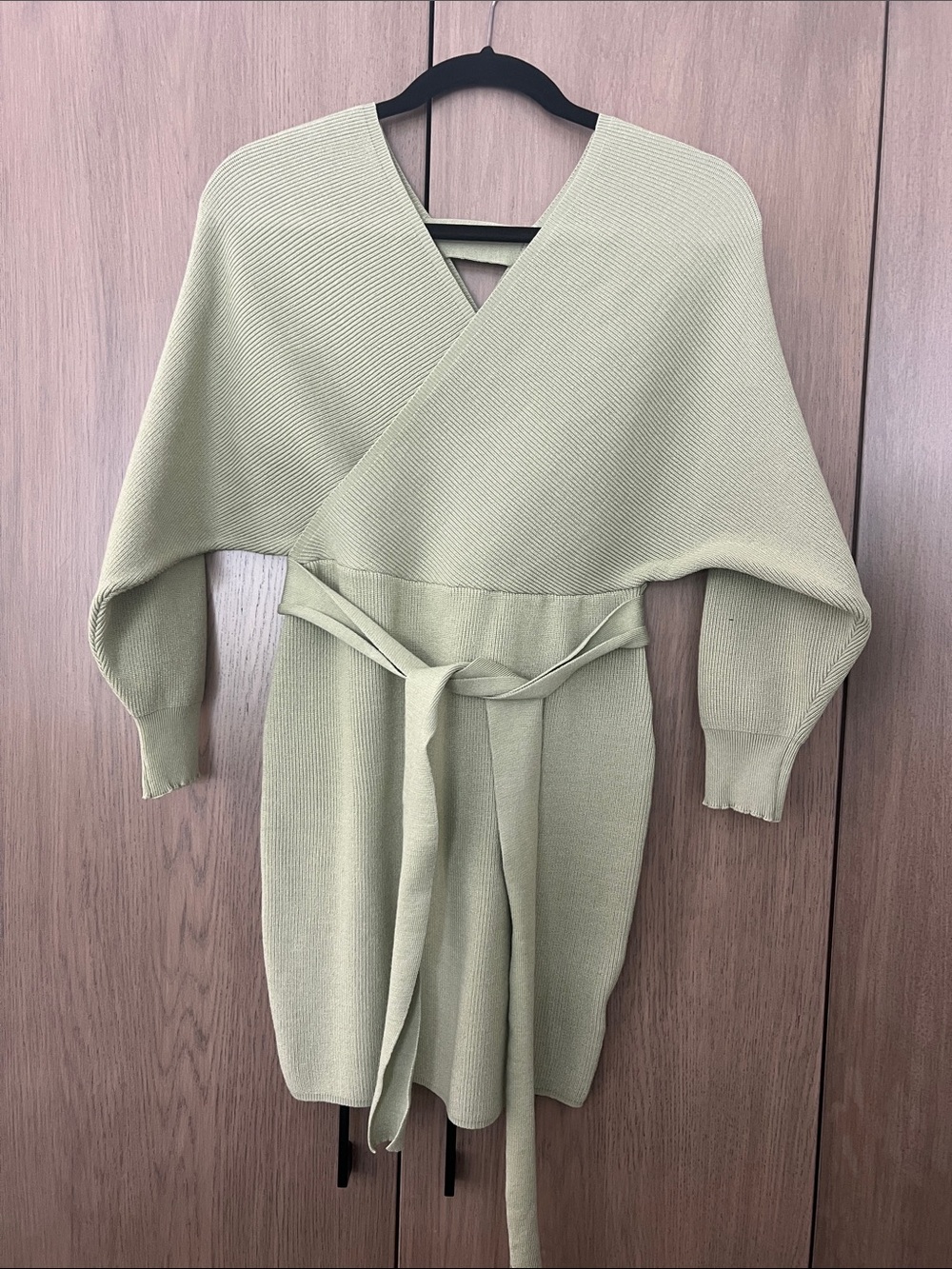 V-Neck Olive Green Knit Sweater Dress